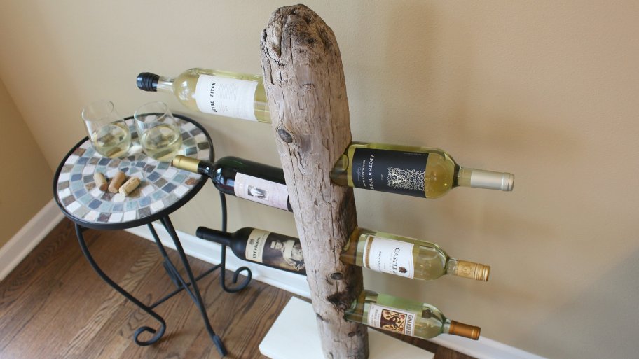 DIY wine rack made of driftwood
